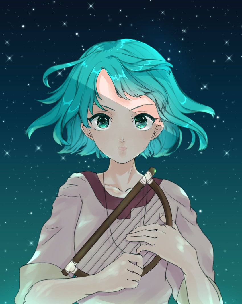 absurdres aqua_eyes aqua_hair erin_(kemono_no_souja_erin) female green_eyes harp harukichi_13 highres holding holding_instrument instrument jewelry kemono_no_souja_erin looking_at_viewer necklace short_hair short_sleeves simple_background solo star_(sky) upper_body