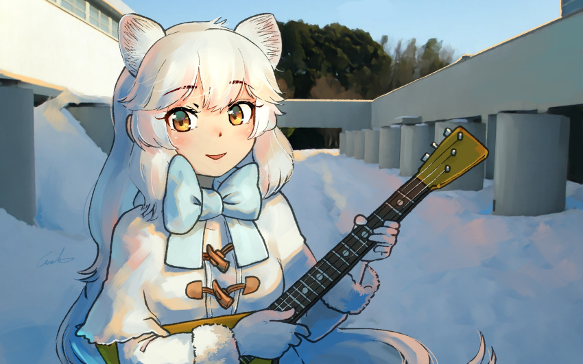 :d animal_ear_fluff animal_ears arctic_fox_(kemono_friends) balalaika_(instrument) blue_bow blue_bowtie bow bowtie brown_eyes capelet commentary day extra_ears female fox_ears fur-trimmed_sleeves fur_trim gloves highres instrument kemono_friends long_hair long_sleeves looking_at_viewer music open_mouth outdoors playing_instrument signature smile snow solo welt_(kinsei_koutenkyoku) white_gloves white_hair