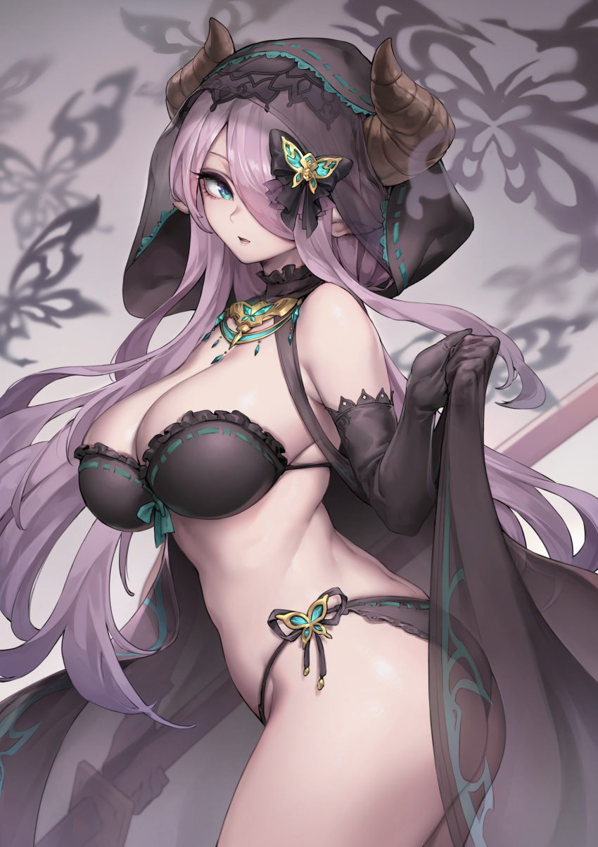 absurdres aqua_eyes ass asymmetrical_bangs bikini black_bikini black_gloves black_hoodie breasts cleavage detached_collar draph elbow_gloves female from_side gloves granblue_fantasy hair_ornament hair_over_one_eye highres holding holding_sword holding_weapon hood hoodie horns katana large_breasts light_purple_hair long_hair looking_at_viewer narmaya_(granblue_fantasy) narmaya_(the_black_butterfly)_(granblue_fantasy) official_alternate_costume one_eye_covered oopartz_yang paid_reward patreon_reward pointy_ears purple_hair ribbon-trimmed_bikini ribbon_trim side-tie_bikini_bottom sidelocks solo string_bikini swimsuit sword thighs twisted_torso weapon