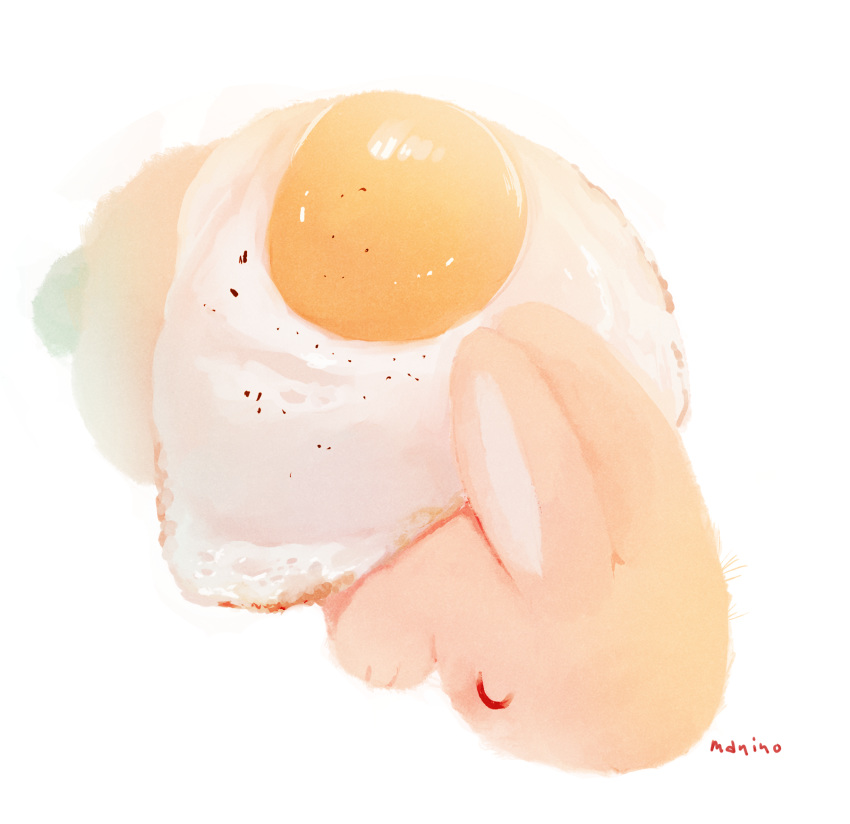 animal bunny closed_eyes commentary_request food fried_egg full_body highres manino_(mofuritaionaka) no_humans original signature simple_background sleeping solo sunny_side_up_egg u_u white_background