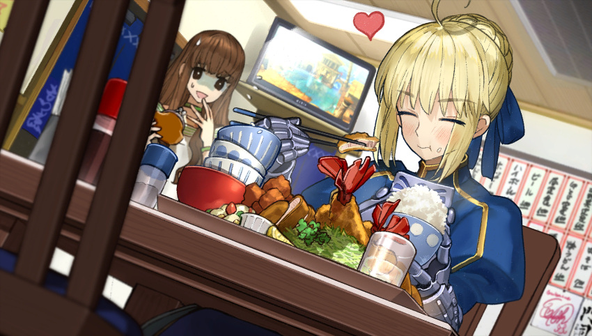 2girls ahoge armor armored_dress artoria_pendragon_(fate) black_eyes blonde_hair blue_bow blue_dress blue_ribbon blurry blurry_foreground blush bow bowl bowl_stack brown_hair ceiling_light chair chicken_nuggets chopsticks closed_eyes closed_mouth coin_purse dress eating fate/extella fate/extra fate_(series) flying_sweatdrops food food_on_face fried_food fruit game_cg gauntlets glass glutton hair_ribbon hairbow happy heart highres holding holding_bowl holding_chopsticks kishinami_hakuno_(female) lemon lemon_slice looking_at_another multiple_girls nervous_smile non-web_source official_art photoshop_(medium) restaurant ribbon rice rice_on_face room saber_(fate) salad salt_shaker shrimp shrimp_tempura sitting smile soy_sauce standing sweat table television tempura wada_arco water white_dress