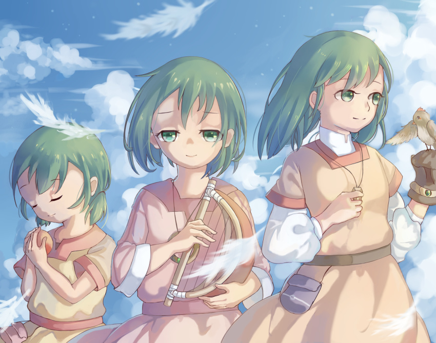 age_progression bird bird_on_hand bracelet closed_eyes erin_(kemono_no_souja_erin) feathers female food fruit green_eyes green_hair harp highres holding holding_food holding_fruit instrument jewelry jianjianjiaodan kemono_no_souja_erin lolicon looking_at_viewer mittens necklace outdoors photoshop_(medium) pouch short_sleeves skirt smile standing white_feathers yellow_skirt