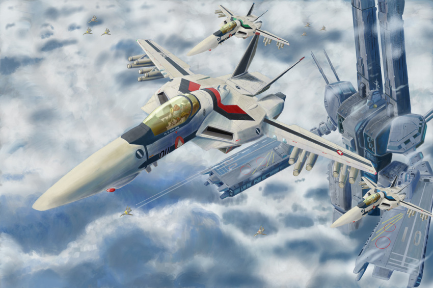 1980s_(style) 3boys aircraft airplane bad_id bad_pixiv_id cannon choujikuu_yousai_macross cloud contrail fleet flying i.t.o_daynamics ichijou_hikaru jet kakizaki_hayao launching macross macross:_do_you_remember_love? maximilian_jenius mecha missile multiple_boys retro_artstyle robot science_fiction sdf-1 spacecraft storm_attacker u.n._spacy variable_fighter vehicle_focus vf-1 vf-1a vf-1s