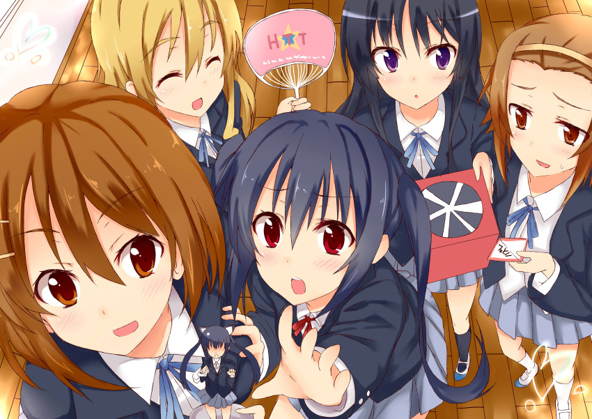 5girls absurdres akiyama_mio animal_ears bad_id bad_pixiv_id black_hair blonde_hair brown_eyes brown_hair cat_ears closed_eyes figure hand_fan highres hirasawa_yui k-on! kotobuki_tsumugi multiple_girls nakano_azusa nakatama_kyou purple_eyes red_eyes sakuragaoka_high_school_uniform school_uniform tainaka_ritsu