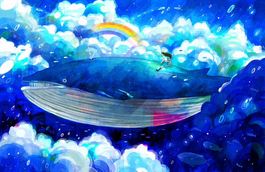 bad_id bad_pixiv_id black_hair cloud female fish flying_whale long_hair nomiya_(no_38) original photoshop_(medium) rainbow school_uniform sky solo whale