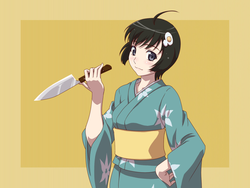 :3 ahoge aqua_kimono araragi_tsukihi black_eyes black_hair bob_cut commentary_request egg_(food) egg_hair_ornament female food food-themed_hair_ornament fried_egg hair_ornament hand_on_own_hip highres japanese_clothes kimono knife light_smile monogatari_(series) nisemonogatari pitecube short_hair solo