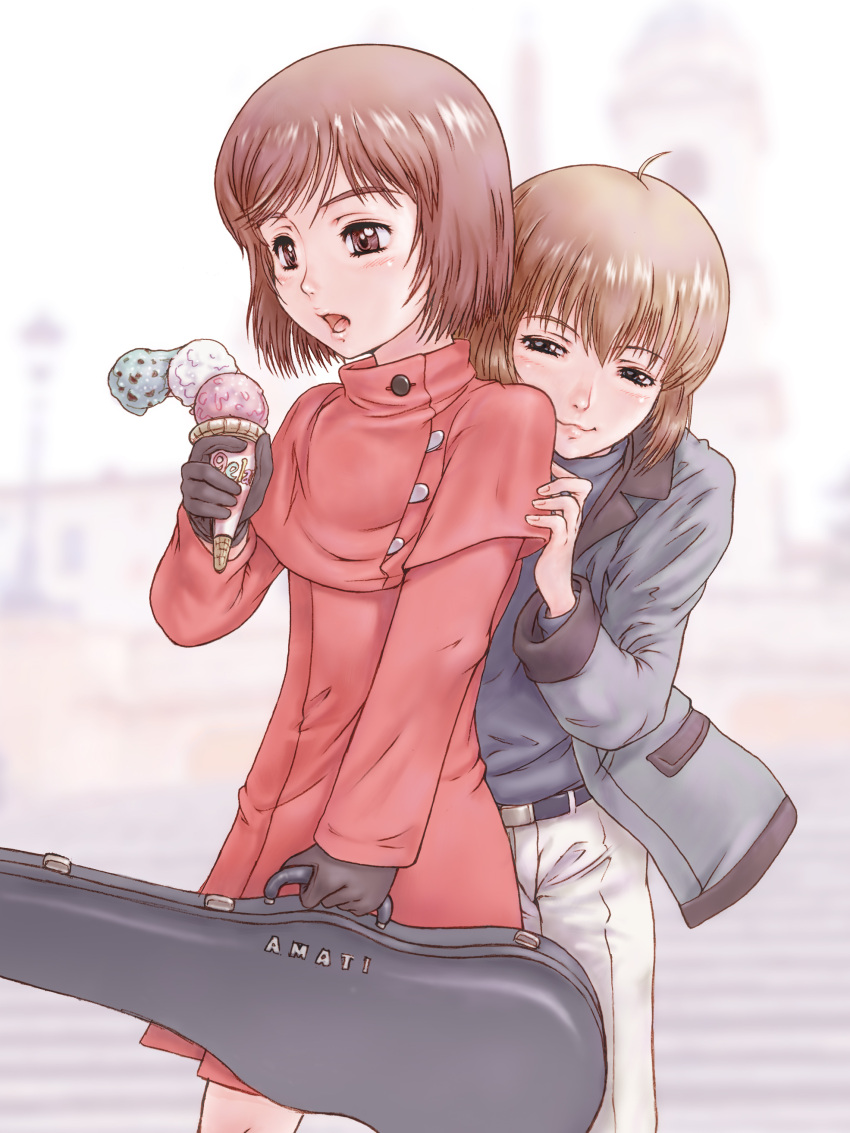 2girls :p absurdres blonde_hair blue_eyes blush bob_cut brown_eyes brown_hair coat commentary_request dress food gloves gunslinger_girl henrietta_(gunslinger_girl) highres hug hug_from_behind ice_cream md5_mismatch multiple_girls resolution_mismatch rico_(gunslinger_girl) short_hair source_larger spilling tongue tongue_out violin_case yoshikawa_kazunori