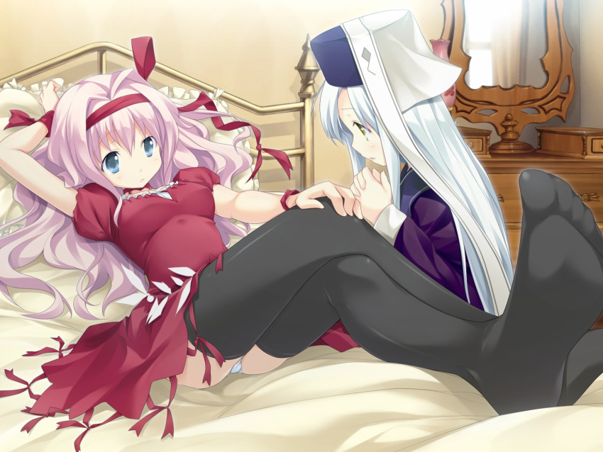 2girls bed bedroom black_legwear brigitte_auber crossed_legs dress feet foreshortening fue_(tsuzuku) highres indoors legs liane_jacotey long_hair lying multiple_girls purple_hair sitting soles thighhighs vanitas_no_hitsuji