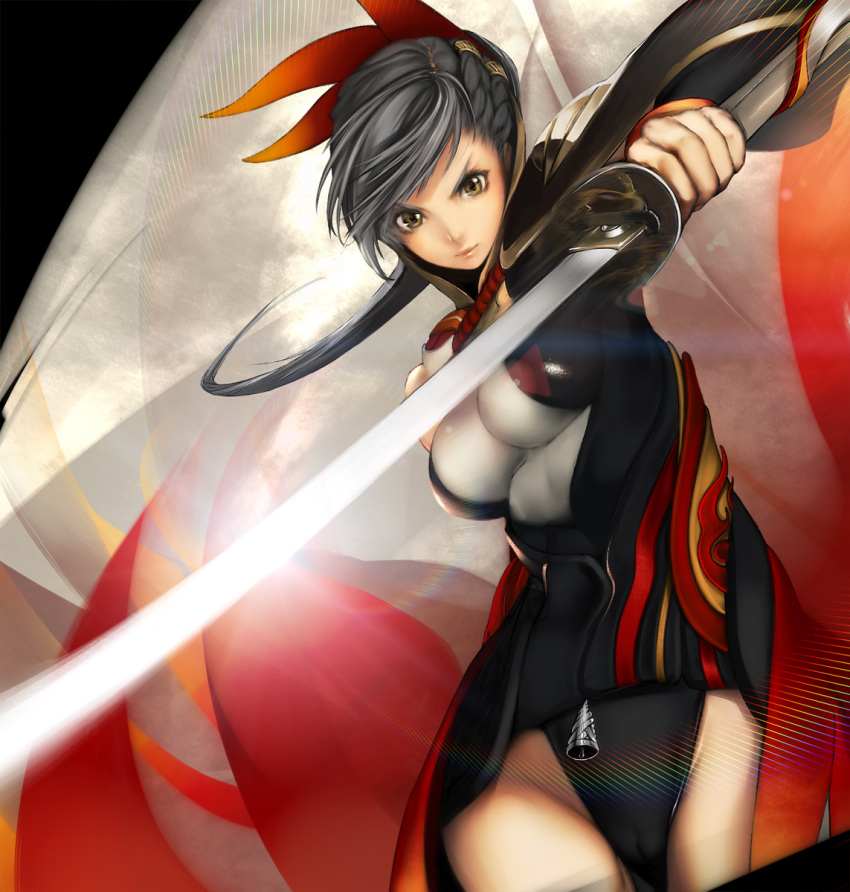 black_hair braid brown_eyes cameltoe commentary_request female groin hair_ornament highres katana kazakami_yuu long_hair multiple_braids pixiv_fantasia pixiv_fantasia_sword_regalia skin_tight solo sword weapon