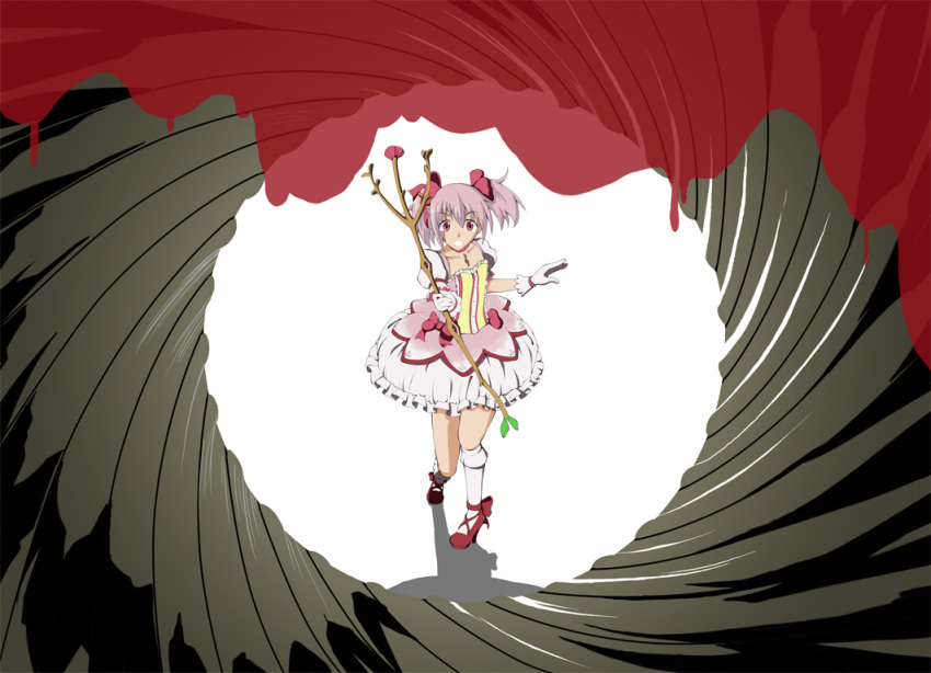 blood bow bow_(weapon) chinese_commentary commentary_request female gloves gun_barrel_sequence intes james_bond_(series) kaname_madoka kaname_madoka_(magical_girl) mahou_shoujo_madoka_magica mahou_shoujo_madoka_magica_(anime) parody photoshop_(medium) pink_eyes pink_hair solo weapon white_gloves