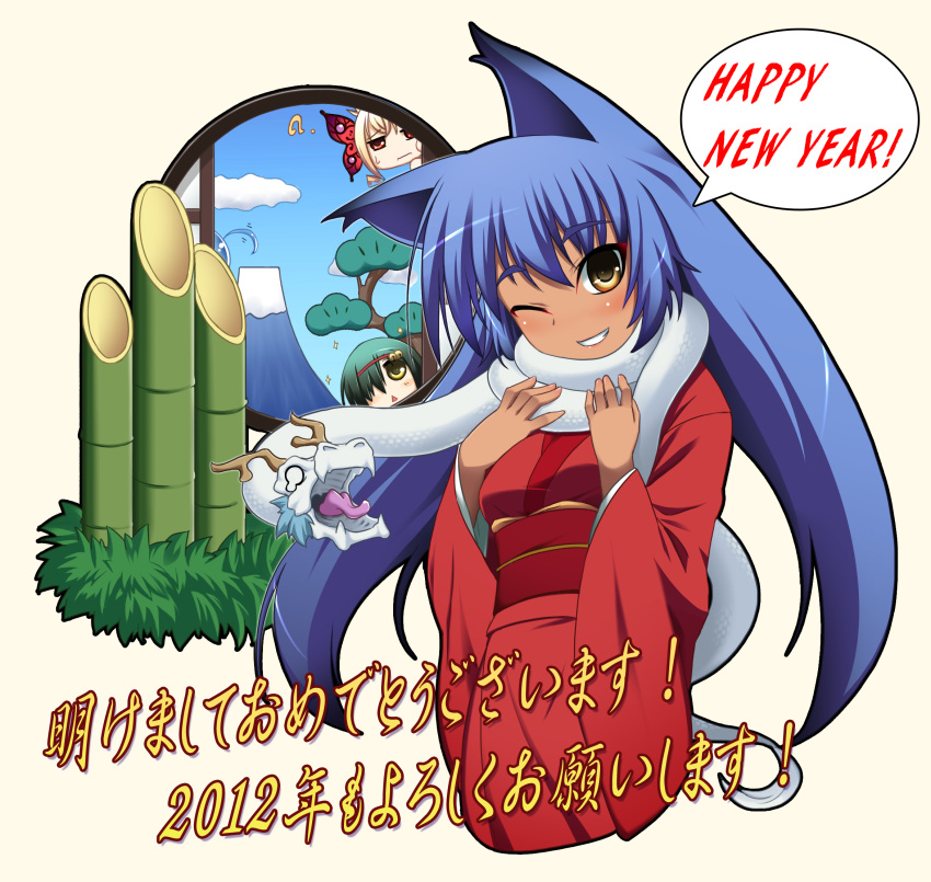 2012 akeome aoi_senri bamboo blue_hair commentary_request dragon female grin happy_new_year highres japanese_clothes kadomatsu kimono kokuyouseki new_year one_eye_closed original photoshop_(medium) round_window smile solo window