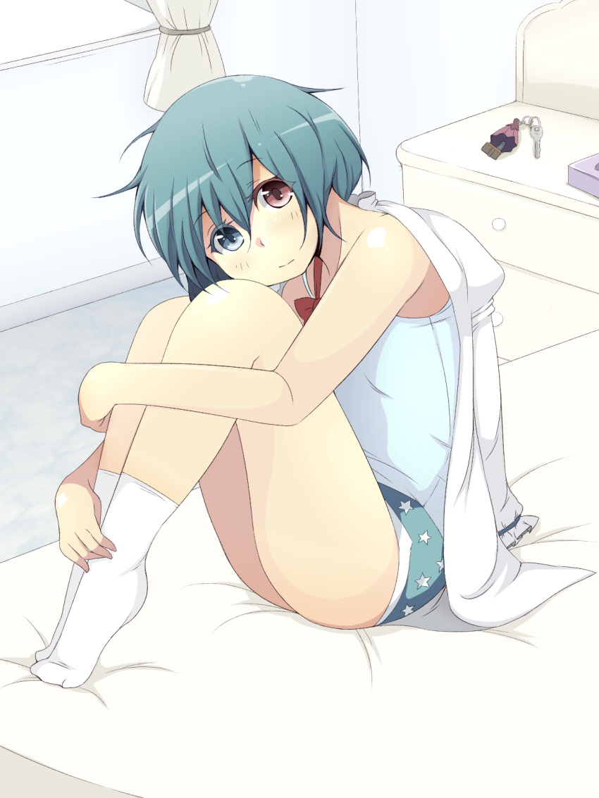 bare_shoulders bedroom blue_eyes blue_hair charm_(object) commentary_request contemporary female heterochromia highres hugging_own_legs indoors karakasa_obake legs looking_at_viewer messy_hair red_eyes sitting socks solo tatara_kogasa touhou tsukigi umbrella white_socks