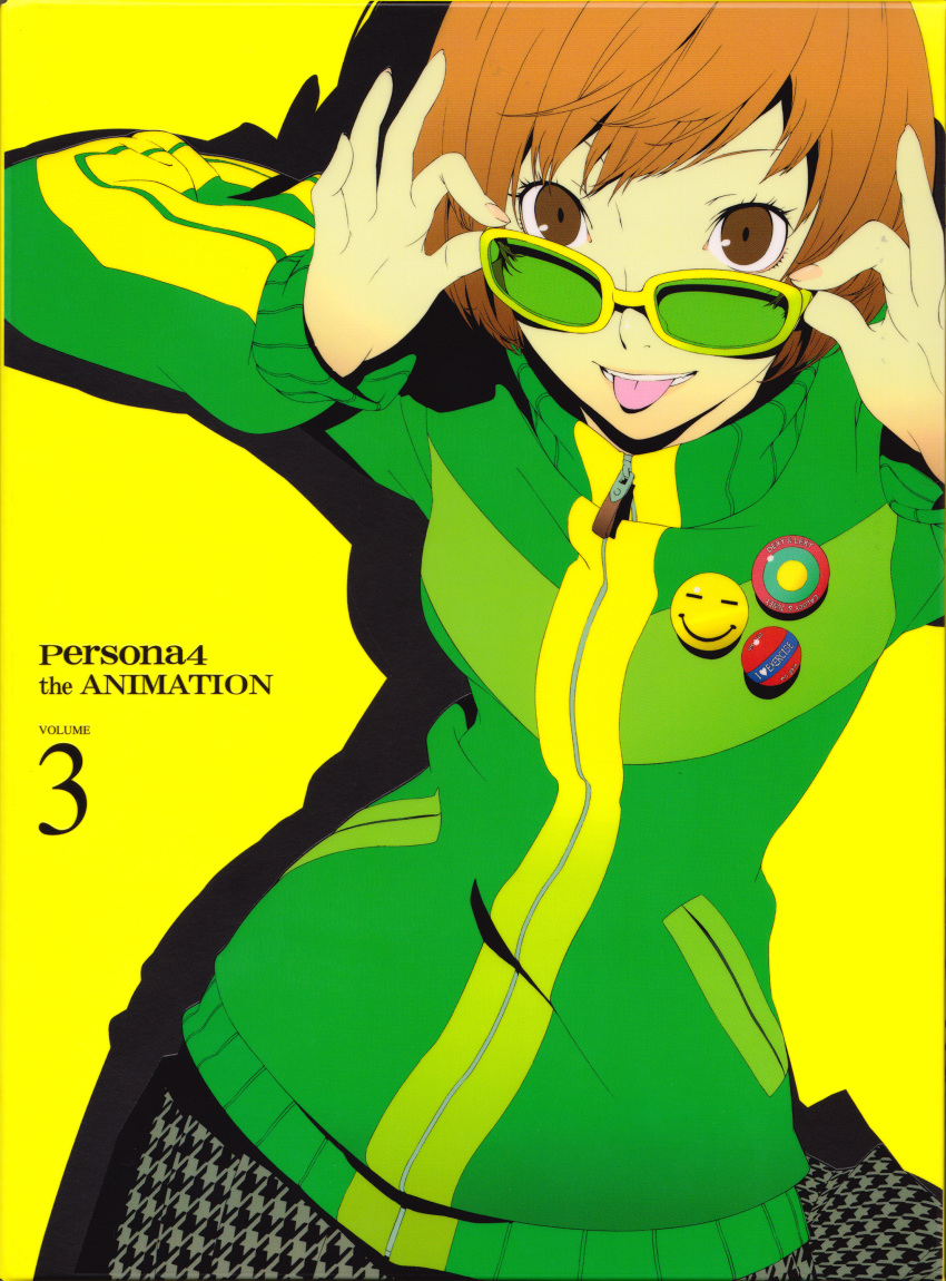 absurdres adjusting_eyewear badge brown_eyes brown_hair button_badge female glasses highres jacket looking_at_viewer official_art persona persona_4 photoshop_(medium) satonaka_chie scan school_uniform short_hair simple_background skirt smile smiley_face soejima_shigenori solo standing tinted_eyewear tongue tongue_out track_jacket