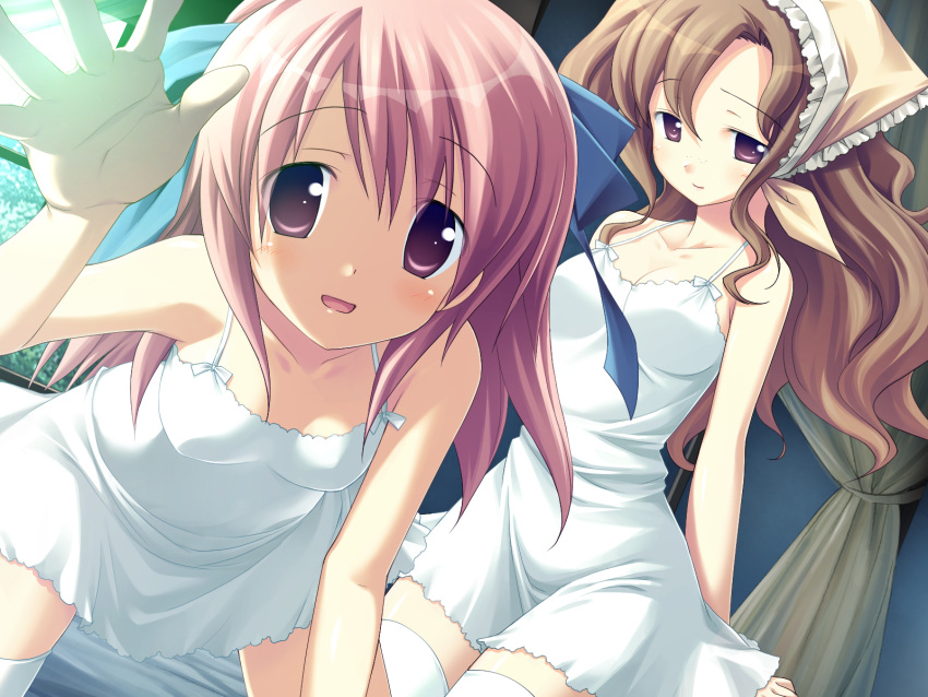 2girls airy_fairy blandine_marais brown_eyes brown_hair colette_marais dress fue_(tsuzuku) game_cg highres long_hair multiple_girls pink_eyes pink_hair ribbon siblings sisters smile thighhighs