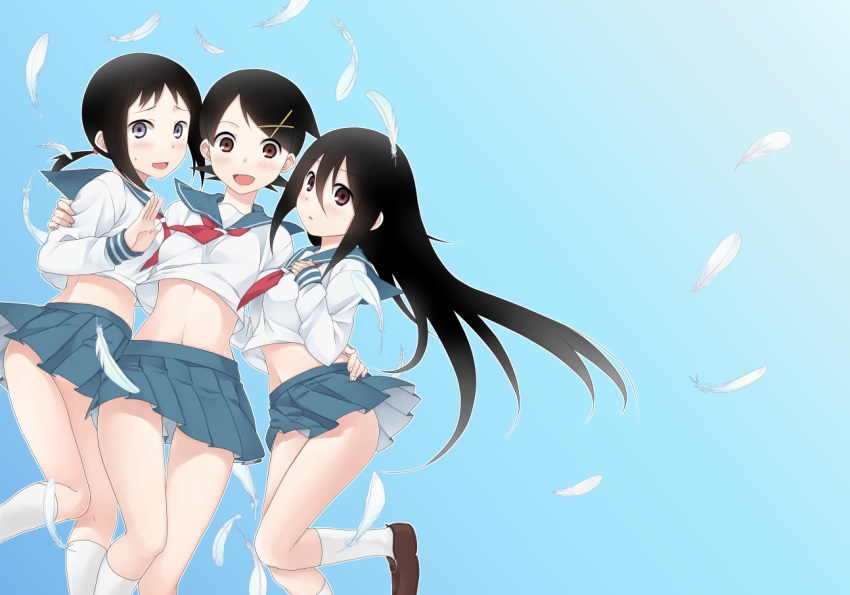 3girls :d black_hair brown_eyes commentary_request ekra feathers fuura_kafuka grey_eyes kaga_ai komori_kiri long_hair looking_at_viewer midriff multiple_girls navel open_mouth pleated_skirt ponytail sayonara_zetsubou_sensei school_uniform serafuku skirt smile wind