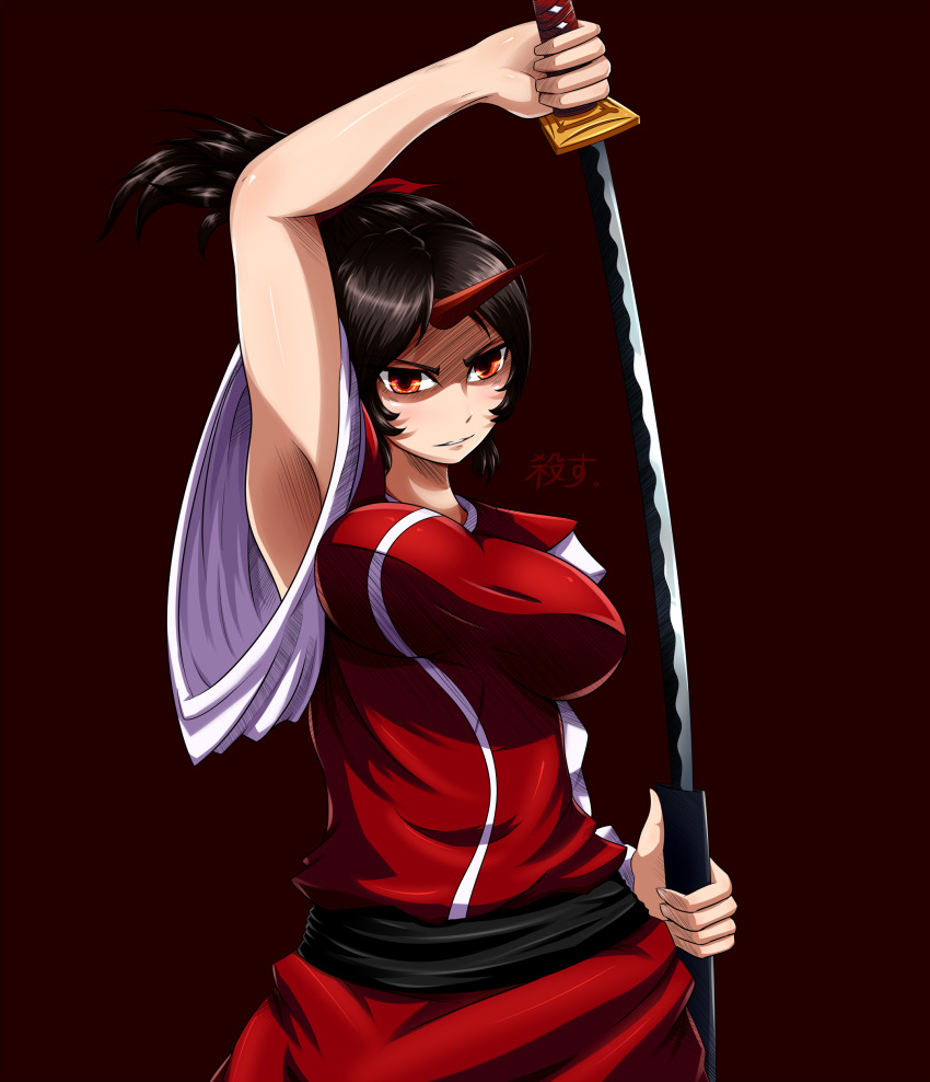 absurdres armpits breasts brown_hair commentary_request female hair_ribbon high_ponytail highres horns katana konngara_(touhou) large_breasts ponytail red_eyes ribbon safurantora sheath single_horn solo sword touhou touhou_(pc-98) unsheathing weapon