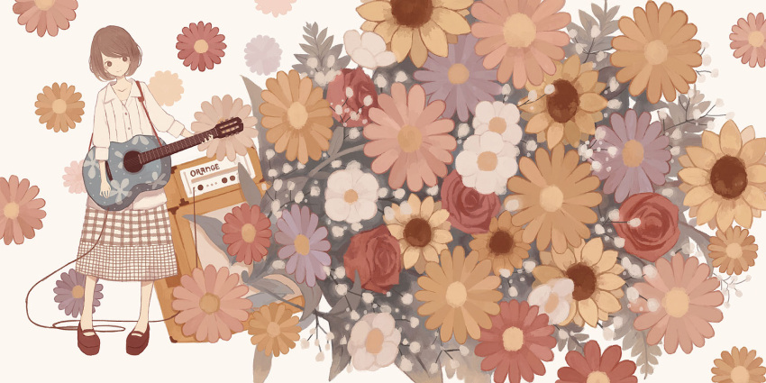 amplifier blush_stickers brown_eyes brown_hair cable collarbone commentary_request female floral_background floral_print flower guitar highres instrument mary_janes mitsuki_mouse orange_amplifiers original photoshop_(medium) rose shirt shoes smile solo sunflower