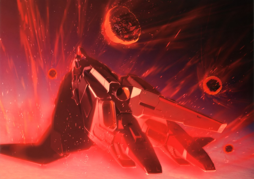 armor atmospheric_reentry gundam highres kenki_fujioka machinery mecha no_humans red_theme rick_dias robot space zeta_gundam zeta_gundam_(mobile_suit)