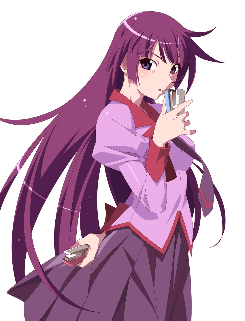 absurdres bakemonogatari blush commentary_request female highres juliet_sleeves kokutou long_hair long_sleeves looking_at_viewer monogatari_(series) naoetsu_high_school_uniform necktie official_style parted_lips pink_shirt pleated_skirt puffy_sleeves purple_eyes purple_hair purple_skirt school_uniform senjougahara_hitagi shirt skirt solo stapler transparent_background