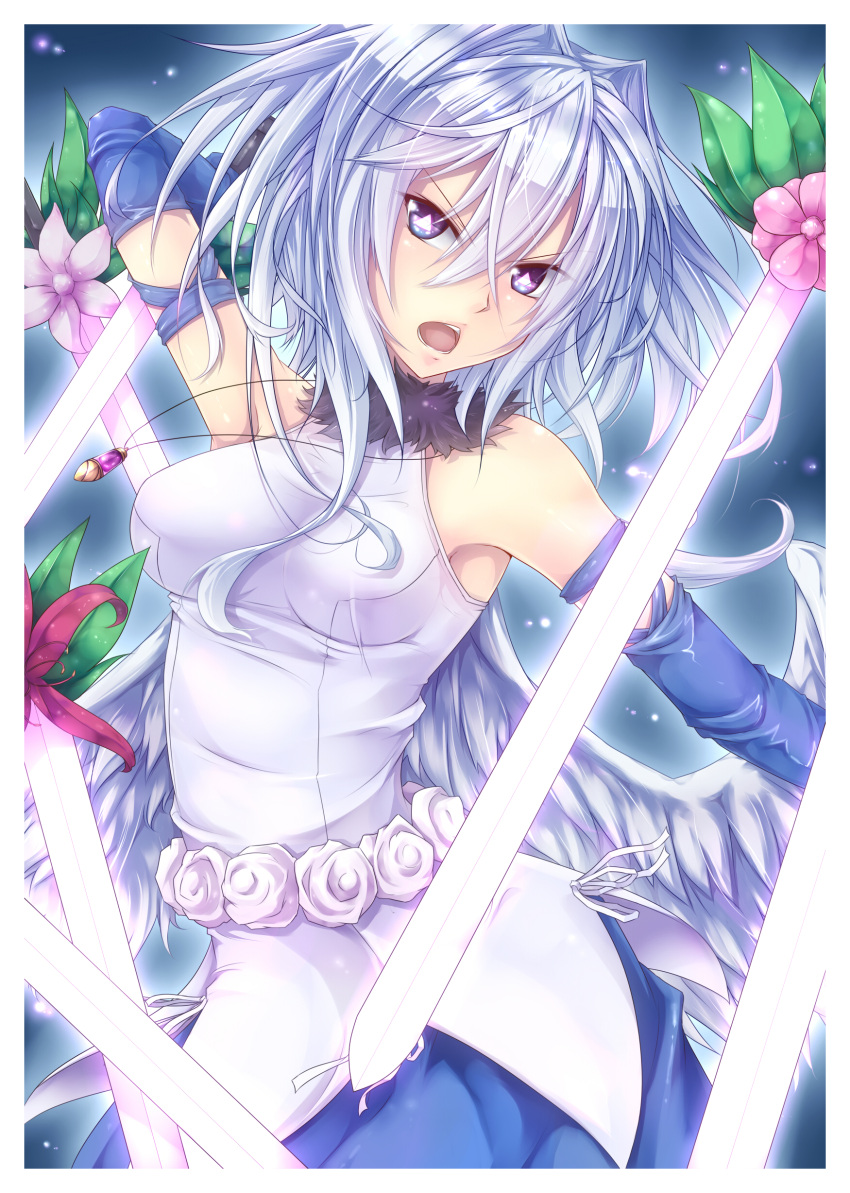 absurdres blue_gloves blue_hair commentary_request dress engi_threepiece feathered_wings female flower gloves hair_intakes highres open_mouth purple_eyes shintani_tsushiya sleeveless sleeveless_dress solo symbol-shaped_pupils white_wings wings yumekui_merry