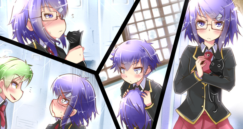 1boy baka_to_test_to_shoukanjuu blood blue_eyes blue_hair blush chinese_commentary commentary_request crossdressing feline female glasses green_hair hua_(hua113) kudou_aiko nosebleed otoko_no_ko school_uniform tsuchiya_kouta wig