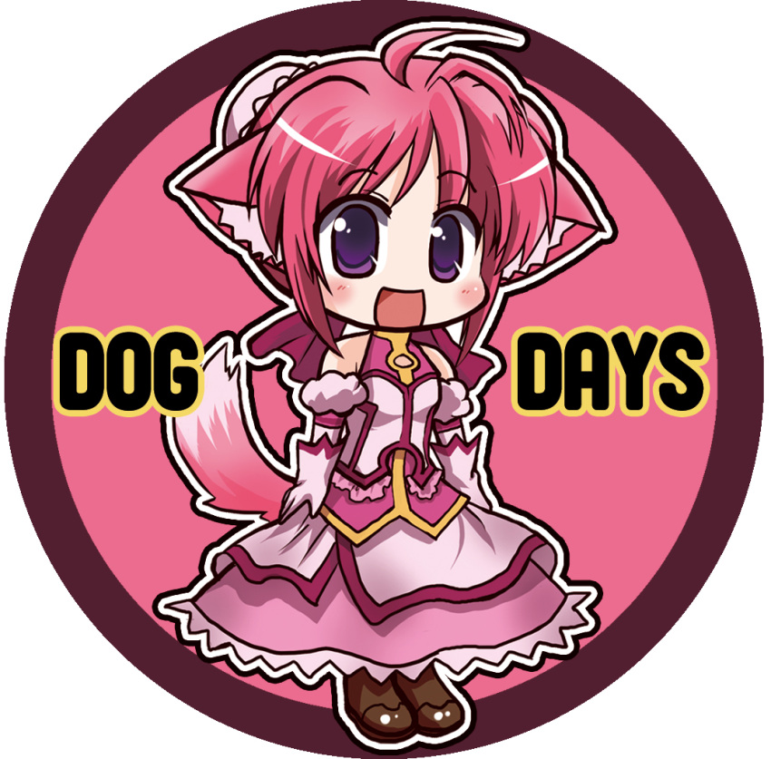 animal_ears blush brown_footwear chibi commentary_request copyright_name dog_days dog_ears dog_girl dog_tail dress eyes_visible_through_hair female gloves kuromitu_(kageneko) looking_at_viewer millhiore_f._biscotti open_mouth outline pink_background pink_dress pink_gloves pink_hair pink_tail purple_eyes round_image smile solo standing tail white_outline