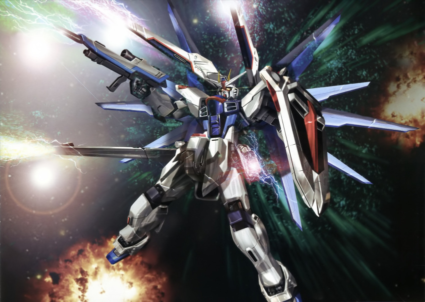 artist_request battle beam_rifle energy_gun firing freedom_gundam gun gundam gundam_seed highres lens_flare mecha mobile_suit no_humans robot science_fiction scope shield space v-fin weapon