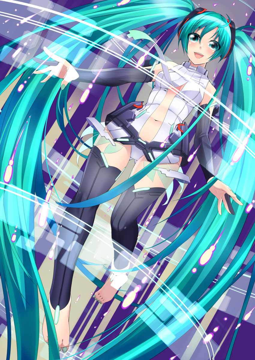 absurdres aqua_eyes aqua_hair barefoot bridal_gauntlets center_opening commentary_request elbow_gloves female fingerless_gloves gloves hatsune_miku hatsune_miku_(append) highres holographic_interface long_hair nail_polish navel necktie open_mouth pon_(pompokopon) smile solo thighhighs toenail_polish toenails twintails very_long_hair vocaloid vocaloid_append