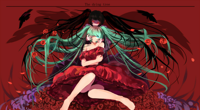 2girls commentary dress flower greetload hatsune_miku long_hair multiple_girls rose vocaloid zatsune_miku