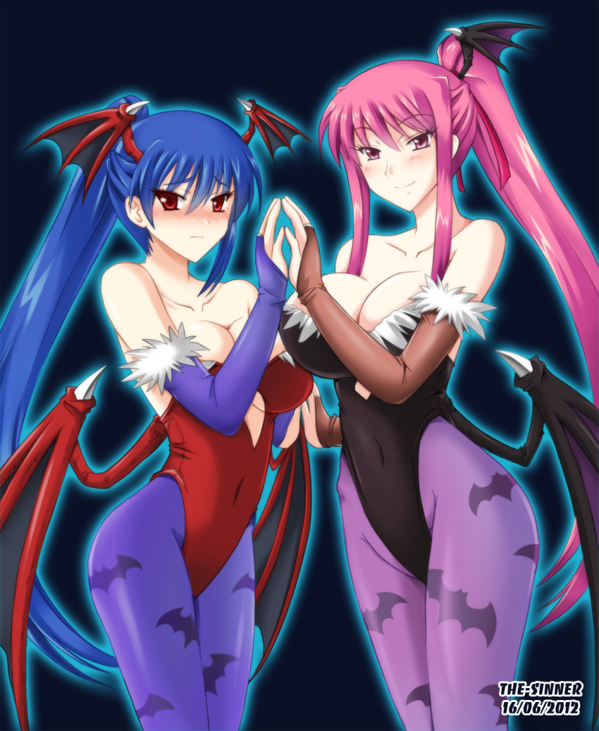 2girls animal_print bat_print blue_hair breasts cleavage commentary_request cosplay diamond_cutout head_wings highres large_breasts leotard lilith_aensland lilith_aensland_(cosplay) long_hair morrigan_aensland morrigan_aensland_(cosplay) multiple_girls original pantyhose photoshop_(medium) pink_eyes pink_hair ponytail print_pantyhose red_leotard the-sinner twintails vampire_(game) wings