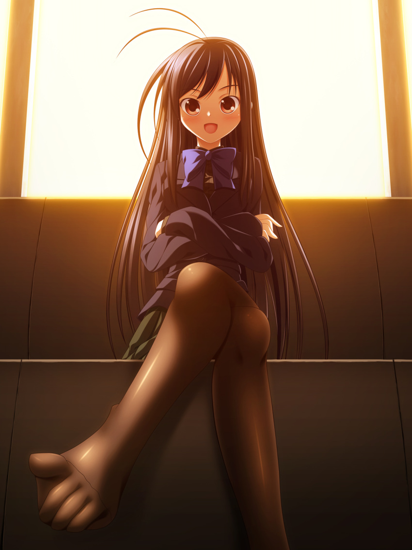 accel_world ahoge black_hair black_legwear commentary_request crossed_legs feet female hatomura_(tareneko_club) highres kuroyukihime legs long_hair no_shoes pantyhose photoshop_(medium) ribbon school_uniform sitting umesato_middle_school_uniform window