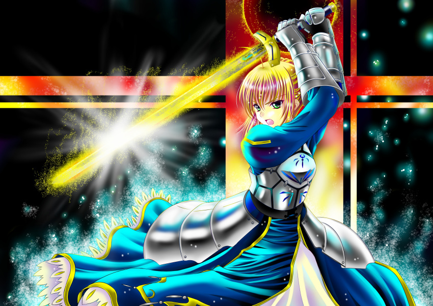 absurdres aka_kitsune armor armored_dress artoria_pendragon_(fate) bad_id bad_pixiv_id blonde_hair dress excalibur_(fate/stay_night) fate/zero fate_(series) female gauntlets glowing glowing_weapon green_eyes hair_ribbon highres light_particles ribbon saber_(fate) solo sword weapon