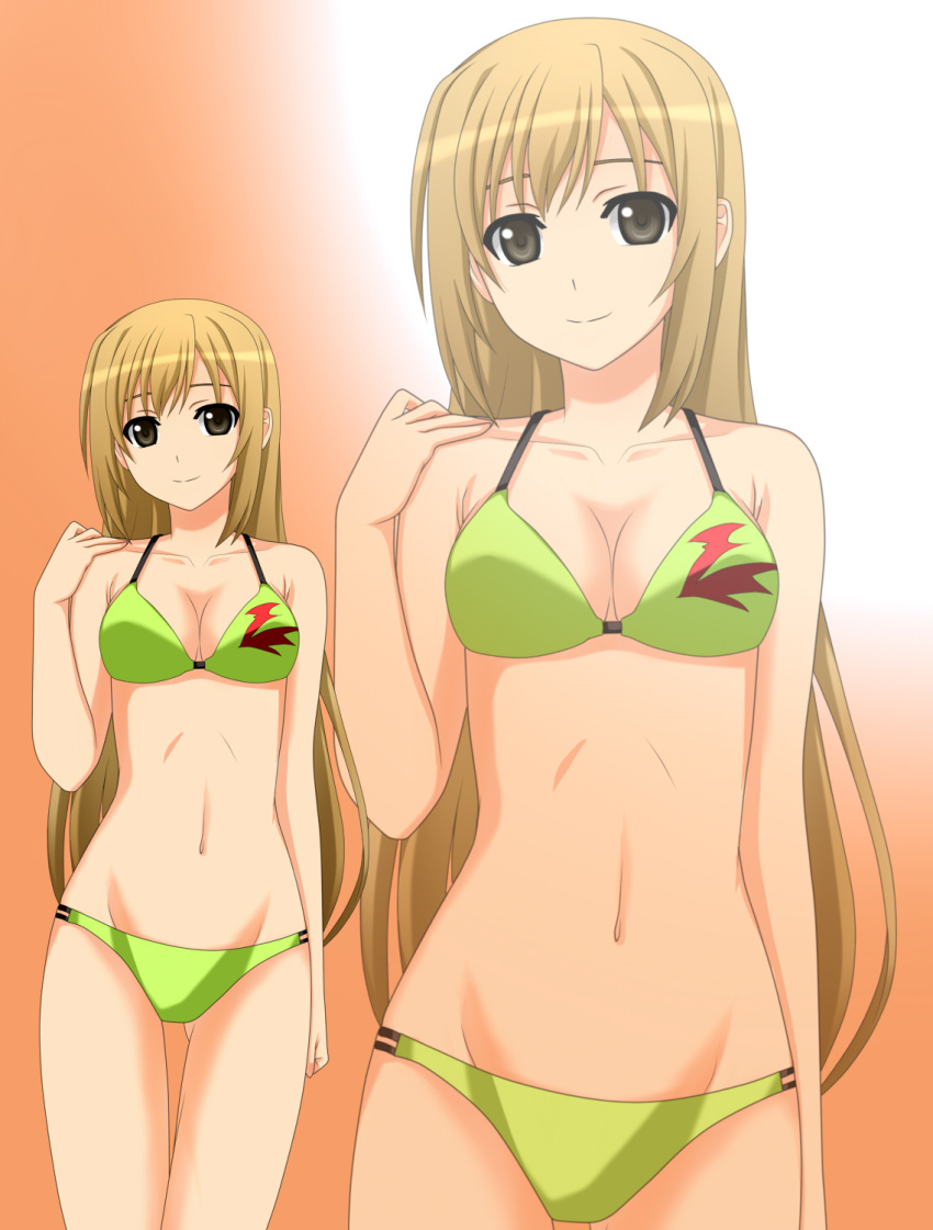 bikini blonde_hair breasts brown_eyes cleavage commentary_request female groin hand_on_own_shoulder highres kenken light_smile long_hair medium_breasts minami-ke minami_haruka navel solo swimsuit thigh_gap yellow_bikini zoom_layer