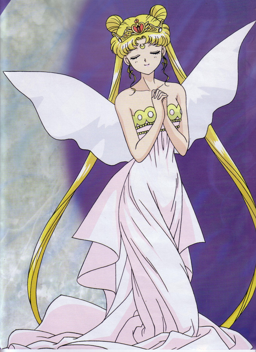 bare_arms bishoujo_senshi_sailor_moon blonde_hair closed_eyes crescent crown double_bun dress facial_mark female forehead_mark hands_on_own_chest hands_to_chest hands_together highres interlocked_fingers long_hair neo_queen_serenity odango official_art smile solo strapless_dress tiara tsukino_usagi twintails very_long_hair white_dress