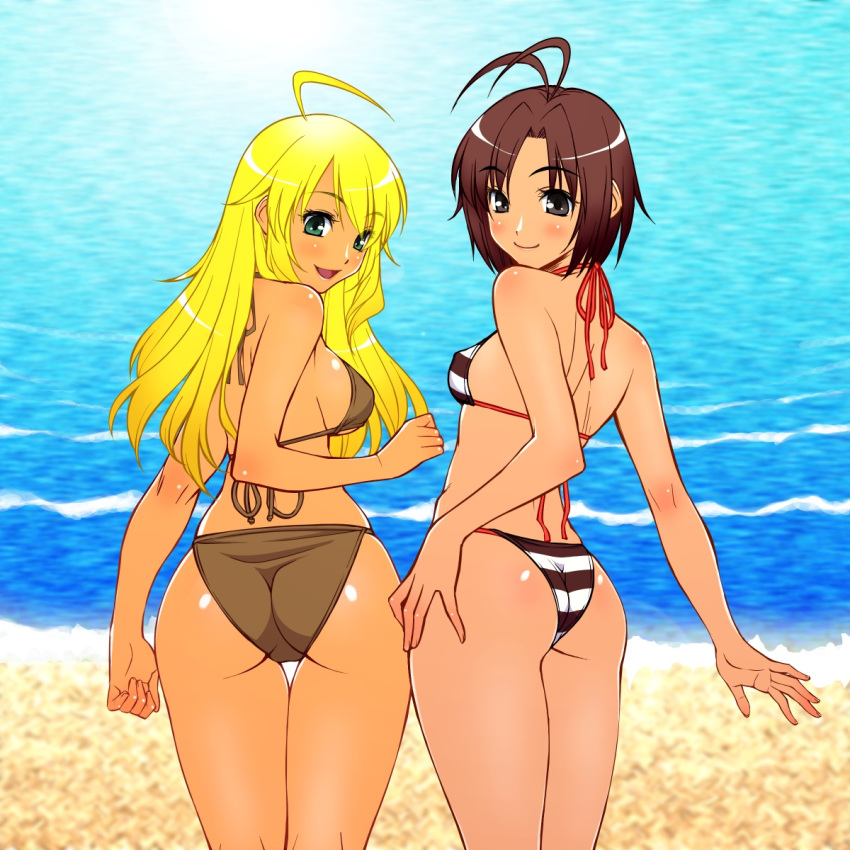 2girls ahoge antenna_hair asakura_sakura ass bad_id bad_pixiv_id bare_shoulders beach bikini black_eyes blonde_hair blush brown_bikini brown_hair commentary_request from_behind green_eyes hand_on_own_hip highres hoshii_miki idolmaster idolmaster_(classic) idolmaster_2 kikuchi_makoto long_hair looking_back multiple_girls open_mouth shiny_skin short_hair striped_bikini striped_clothes swimsuit thigh_gap trefoil water