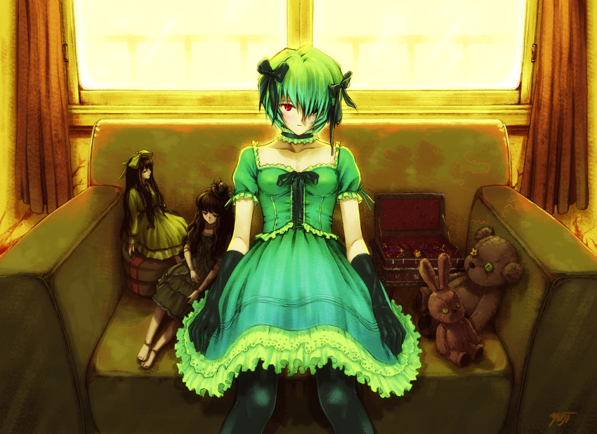 ayanami_rei black_gloves black_thighhighs blue_hair bow box button_eyes buttons choker corset couch crack curtains doll doll_joints dress elbow_gloves female flower frilled_thighhighs frills frown gloves green_dress hair_over_one_eye hair_ribbon hairbow hat highres jewelry joints kobayashi_yuuji looking_at_viewer mini_hat mini_top_hat neon_genesis_evangelion photoshop_(medium) railing red_eyes ribbon short_hair signature sitting solo star_(symbol) stuffed_animal stuffed_rabbit stuffed_toy sunlight teddy_bear thighhighs top_hat window