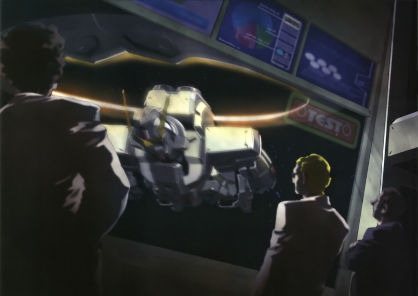 3boys artist_request from_behind gundam gundam_seed gundam_seed_c.e._73:_stargazer gundam_stargazer hangar highres machinery mecha multiple_boys outdoors robot space spacecraft upper_body