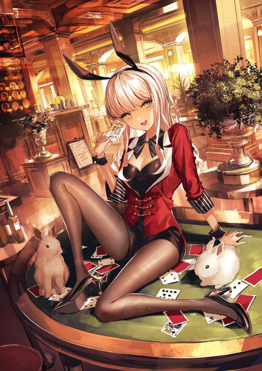 :d animal_ears arm_support black_bow black_bowtie black_footwear black_leotard black_pantyhose bow bowtie breasts brooch card cleavage commentary fake_animal_ears female five_of_hearts full_body grey_eyes hand_up high_heels highres holding holding_card indoors jacket jewelry king_(playing_card) king_of_hearts_(playing_card) king_of_spades knee_up legs leotard leotard_under_clothes long_hair looking_at_viewer on_table open_mouth original pantyhose pillar plant playboy_bunny playing_card potted_plant rabbit rabbit_ears red_jacket shiny_pantyhose sidelocks sitting sleeve_cuffs small_breasts smile solo table tamitami ten_of_spades thighs three_of_clubs vase white_hair