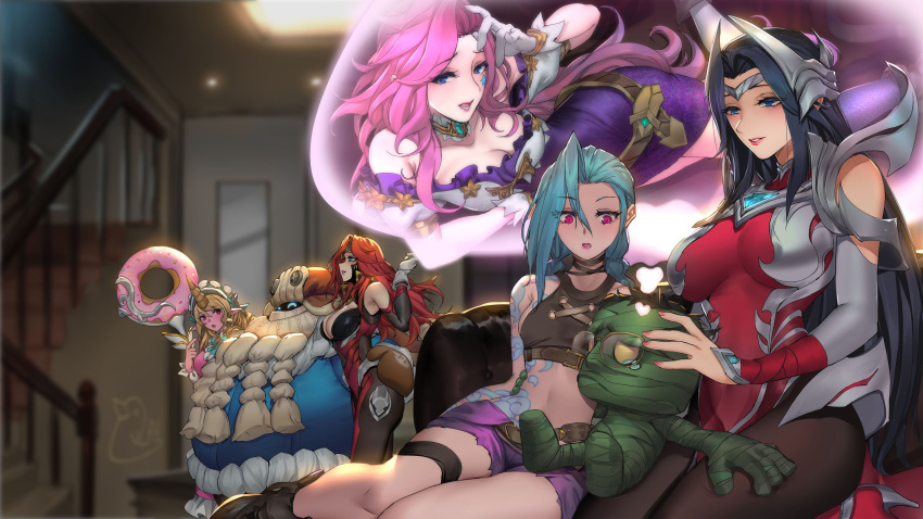 2boys 5girls :o absurdres amumu arcane_jinx arm_tattoo armor asymmetrical_bangs bard_(league_of_legends) bare_shoulders belt bespectacled black_bodysuit black_hair blonde_hair blurry blurry_background bodysuit braid breasts brown_belt brown_choker brown_hair brown_legwear cafe_cuties_(league_of_legends) cafe_cuties_soraka chinese_commentary choker cleavage cloud_tattoo commentary_request couch doughnut dress food foot_up frills glasses gloves gun_goddess_miss_fortune hair_ornament hand_on_another's_hip hand_up happy highres holding horns indoors irelia jinx_(league_of_legends) large_breasts league_of_legends long_hair lying medium_breasts miss_fortune_(league_of_legends) multiple_boys multiple_girls mummy official_alternate_costume on_side open_mouth oversized_food oversized_object pantyhose parted_lips pd_(pdpdlv1) pink_dress pink_eyes pink_hair pink_shorts purple_dress red_hair seraphine_(league_of_legends) shoes short_dress short_hair shorts shoulder_tattoo single_horn sitting small_breasts smile snow_day_bard soraka_(league_of_legends) stairs star_(symbol) stomach_tattoo tattoo tearing_up teeth thought_bubble twin_braids white_gloves winter_clothes yordle