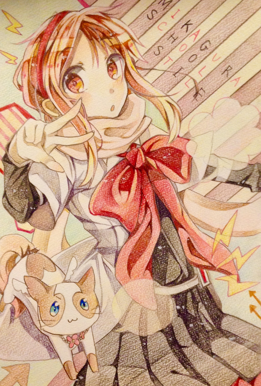 :o arrow_(symbol) bimi_(mgk) colored_pencil_(medium) electricity female graphite_(medium) headband highres ichinomiya_eruna looking_at_viewer mikagura_gakuen_kumikyoku orange_hair painting_(medium) pose ribbon skirt solo traditional_media v watercolor_(medium) wings yuru_mame