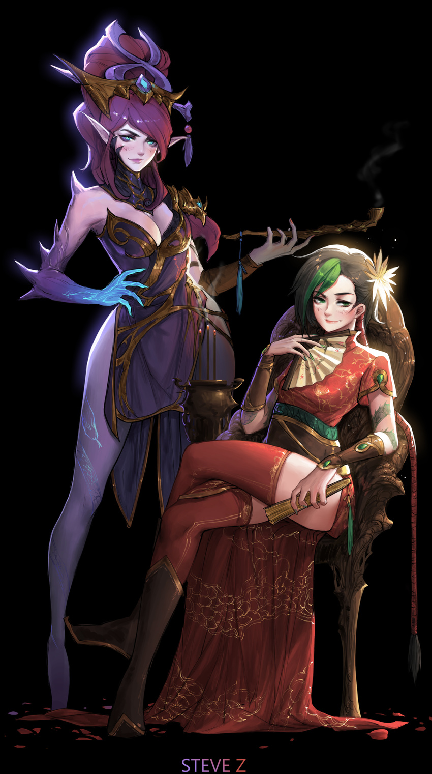 2girls absurdres alternate_costume alternate_hair_color alternate_hairstyle arm_warmers artist_name bare_shoulders black_background blue_eyes blush boots breasts brown_footwear brown_hair caitlyn_(league_of_legends) china_dress chinese_clothes chinese_new_year cleavage closed_mouth commentary_request crossed_legs dress dual_persona fingernails firecracker_jinx flower folding_fan full_body gem green_eyes green_nails hair_flower hair_ornament hair_stick hand_fan hand_on_own_hip highres holding holding_fan holding_smoking_pipe jinx_(league_of_legends) league_of_legends lips loincloth long_fingernails long_hair looking_at_viewer lunar_wraith_caitlyn medium_breasts multicolored_hair multiple_girls nail_polish nose pelvic_curtain photoshop_(medium) pink_lips pointy_ears purple_lips red_dress red_hair red_legwear sash short_dress sitting smile smoke smoke_trail smoking_pipe spikes standing steve_zheng strapless strapless_dress tassel thighhighs two-tone_hair white_flower