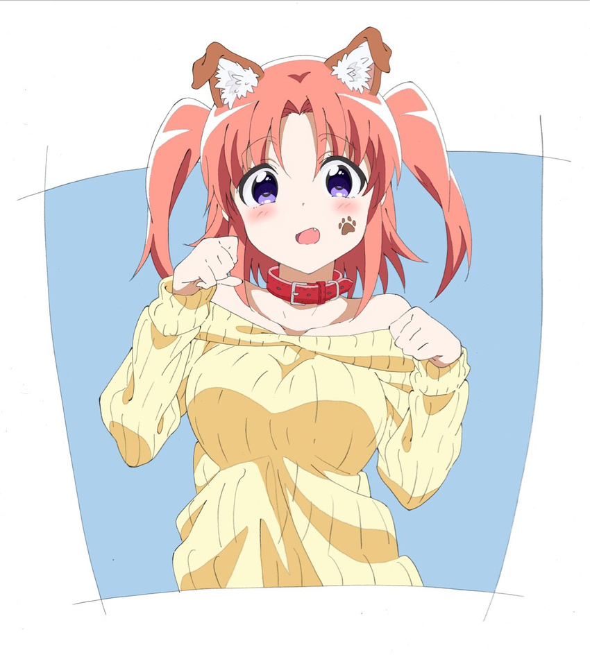 animal_collar animal_ears blush breasts collar collarbone commentary_request dog_ears female highres looking_at_viewer medium_breasts mikakunin_de_shinkoukei oerba_yun_fang open_mouth parted_bangs paw_pose paw_print pink_hair protected_link purple_eyes ribbed_sweater solo sweater two_side_up yadorigi yonomori_kobeni