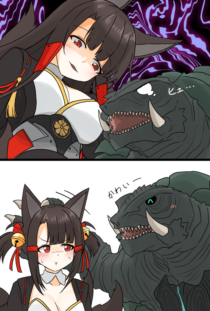 1other 2girls akagi-chan_(azur_lane) akagi_(azur_lane) animal_ears azur_lane bell black_kimono blush breasts brown_hair brown_tail eyeshadow fangs fox_ears fox_girl fox_tail gamera gamera_(series) giant giant_monster hair_bell hair_ornament headpat highres ibuki_(tulta_icon) japanese_clothes kaijuu kimono kitsune kyuubi long_hair makeup medium_breasts metal_belt monster multiple_girls multiple_tails open_mouth red_eyes red_eyeshadow ribbon-trimmed_kimono sakuramon sharp_teeth short_hair skirt small_breasts sweatdrop tail teeth tortoise turtle twintails wide_sleeves