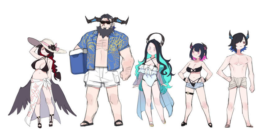 aqua_hair aradia_ravencroft arm_hair bikini black_bikini black_hair breasts chest_hair chibi colored_inner_hair commentary dasdokter demon_horns english_commentary family height_difference highres hololive hololive_english horns large_breasts malpha_ravencroft malphis_ravencroft_ii mamarissa mole mole_under_eye multicolored_hair multiple_girls paparissa sarong short_shorts shorts siblings sisters swimsuit virtual_youtuber wavy_hair white_sarong