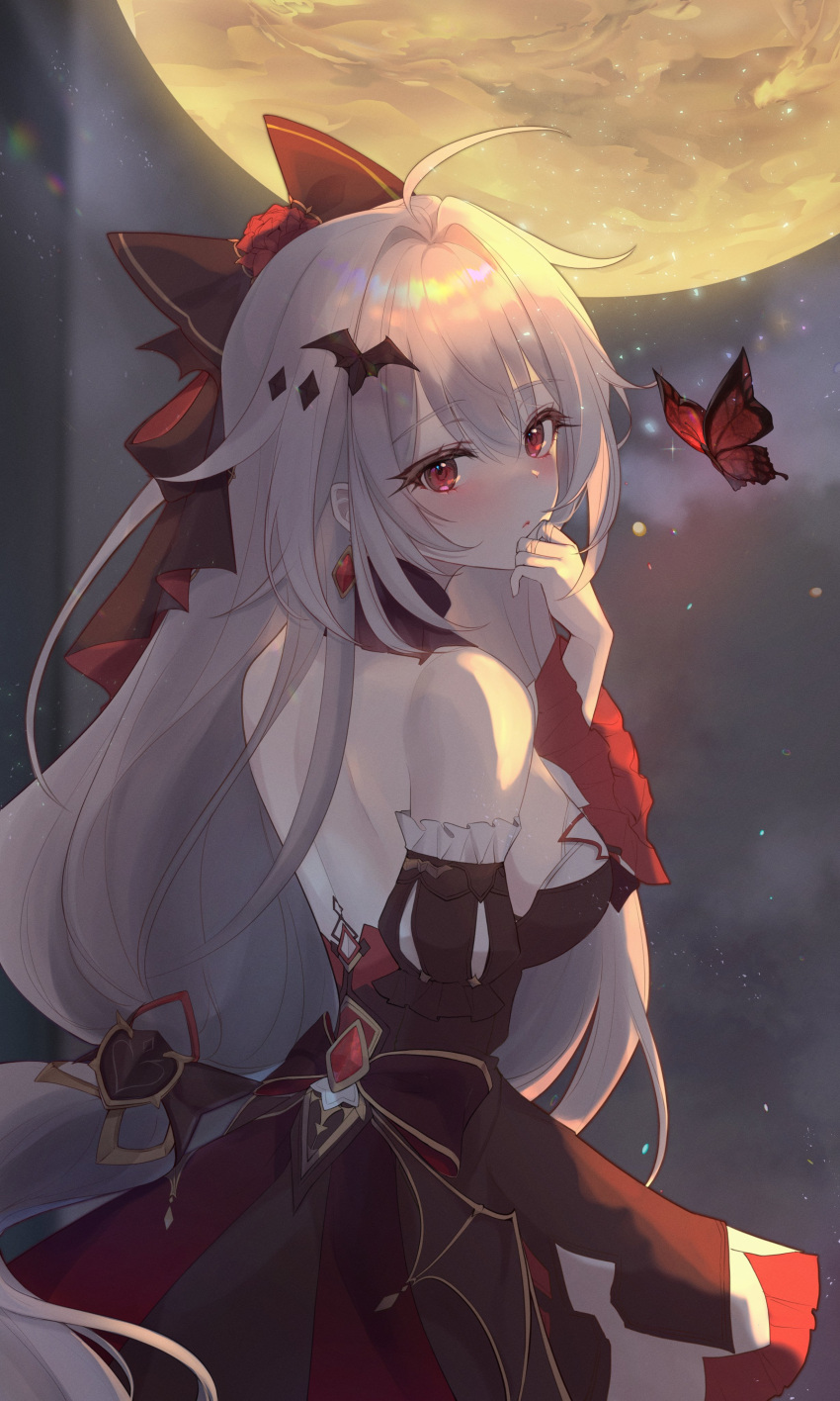 absurdres back bare_shoulders bat_hair_ornament black_dress black_ribbon blush breasts bug butterfly dress earrings female full_moon hair_ornament hair_ribbon highres honkai_(series) honkai_impact_3rd jewelry large_breasts long_hair looking_at_viewer looking_back moon night night_sky pon9019 red_butterfly red_eyes ribbon sky theresa_apocalypse theresa_apocalypse_(luna_kindred) theresa_apocalypse_(lunar_vow:_crimson_love) upper_body white_hair