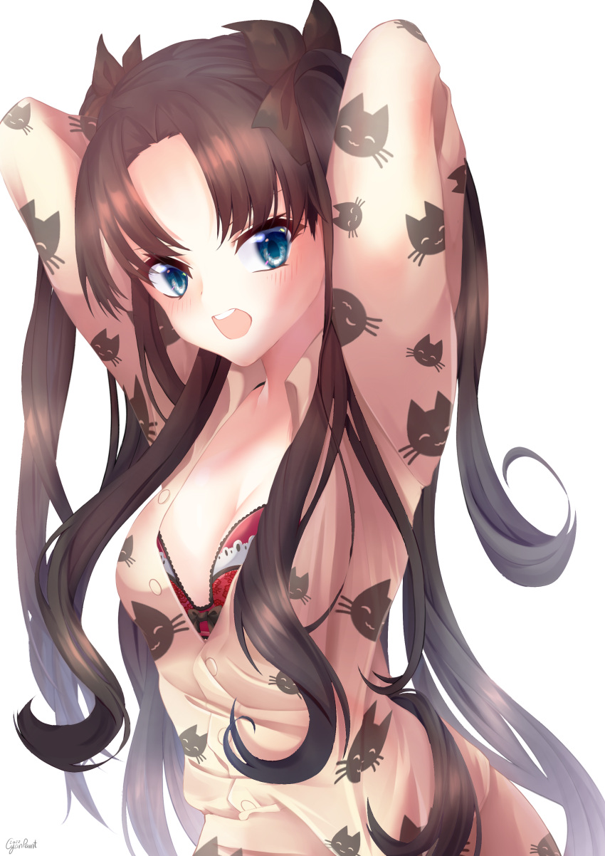 absurdres animal_print arms_behind_head arms_up blush bra breasts brown_pajamas brown_pants brown_ribbon cat_print cleavage collared_shirt cyan_paint english_commentary fate/stay_night fate_(series) female forehead green_eyes hair_ribbon highres long_sleeves looking_at_viewer medium_breasts open_mouth pajamas pants partially_unbuttoned red_bra ribbon shirt simple_background solo tohsaka_rin twintails underwear upper_body white_background