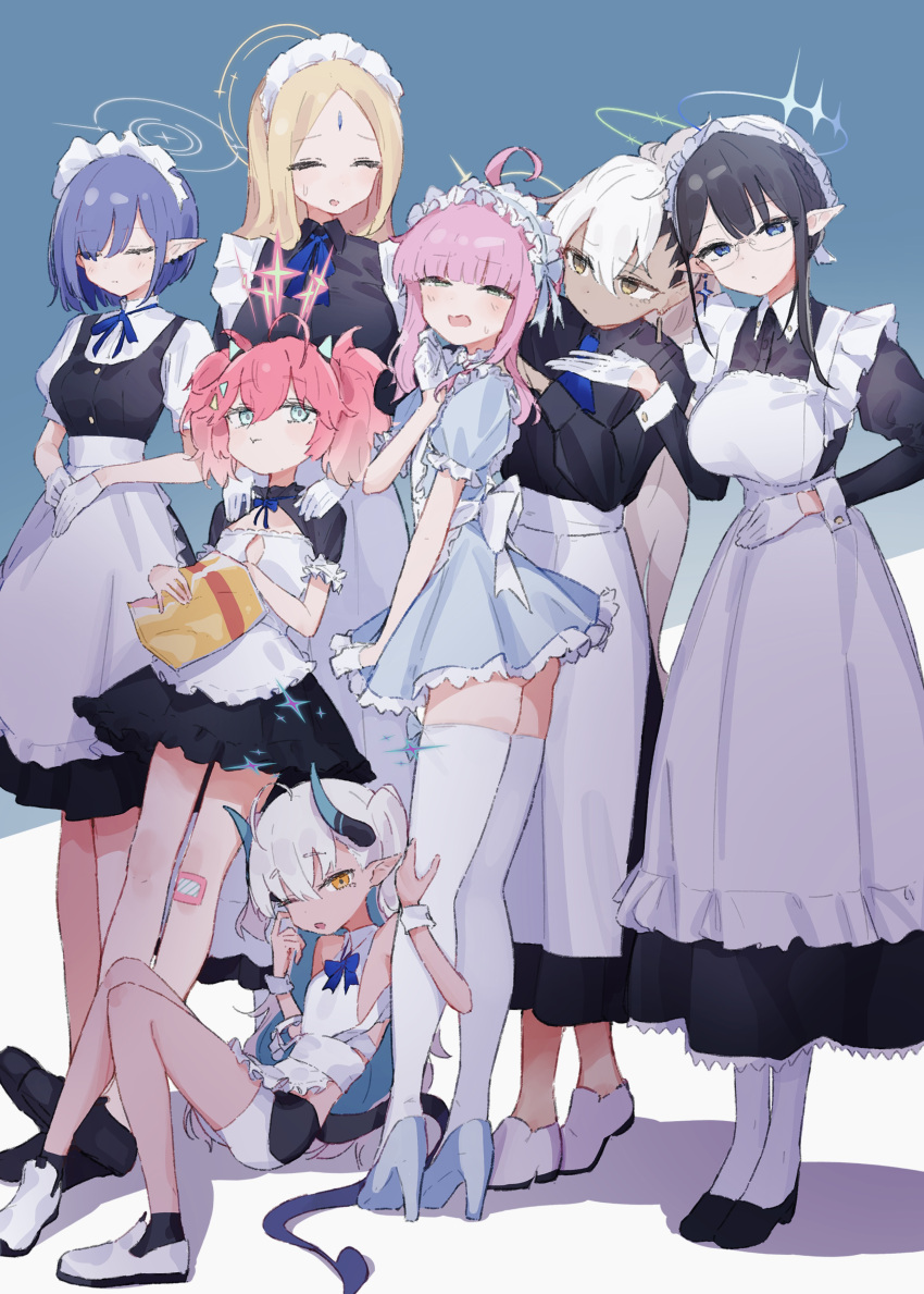 6+girls absurdres ahoge alternate_costume alternate_hairstyle aoi_(blue_archive) apron ayumu_(blue_archive) bag_of_chips bandaid bandaid_on_knee bandaid_on_leg black_dress black_hair black_tail blonde_hair blue_archive blue_dress blue_eyes blue_hair blue_halo blue_horns blue_necktie blunt_bangs blush breasts chips_(food) closed_eyes closed_mouth collared_dress dark-skinned_female dark_skin demon_horns demon_tail dress earrings enmaided epi_zero food forehead_jewel frilled_apron frills glasses gloves green_eyes green_halo green_horns haine_(blue_archive) hair_between_eyes halo highres holding_snack horns jewelry kaya_(blue_archive) large_breasts long_hair long_sleeves looking_at_viewer maid maid_apron maid_headdress momoka_(blue_archive) multicolored_hair multicolored_horns multiple_girls necktie open_mouth orange_eyes pantyhose parted_bangs pink_hair pointy_ears puffy_short_sleeves puffy_sleeves rimless_eyewear rin_(blue_archive) short_hair short_sleeves simple_background skirt sleeveless small_breasts star_halo sumomo_(blue_archive) tail thighhighs triangle_hair_ornament twintails two-tone_horns very_long_hair waist_apron white_apron white_dress white_gloves white_hair yellow_eyes yellow_halo