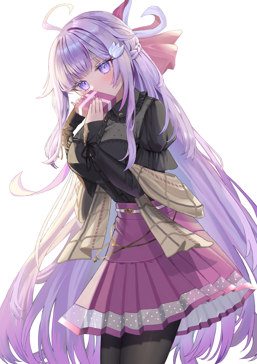 absurdres ahoge black_pantyhose black_shirt blush box breasts brown_scarf buttons covering_own_mouth female frilled_shirt_collar frills gift gift_box hair_ornament highres holding holding_gift long_hair na_sera nijisanji pantyhose pleated_skirt purple_eyes purple_hair purple_nails purple_skirt scarf shirt skirt solo star_(symbol) teacup_(teacup1031) very_long_hair virtual_youtuber