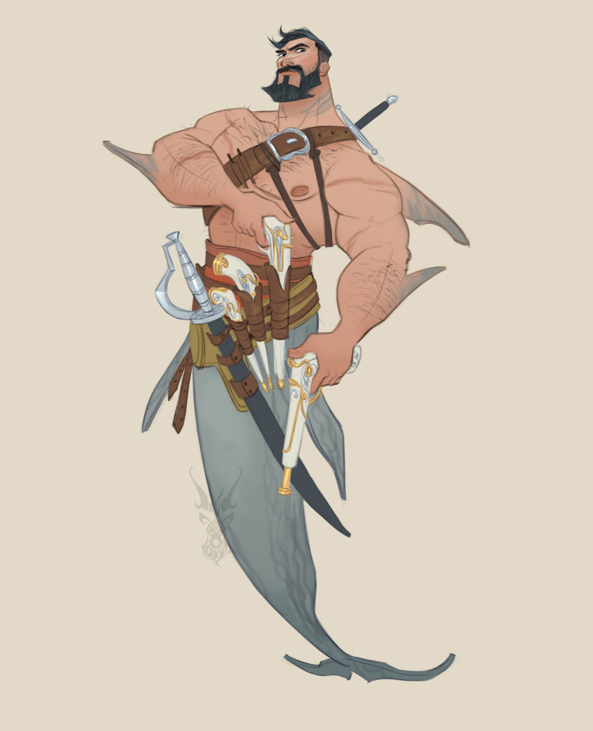 1boy bara david_ardinaryas dual_wielding fighting_stance gills gun hairy highres holding holding_gun holding_weapon large_pectorals male_focus mature_male merman mermay_2017 monster_boy muscular muscular_male nipples original pectorals ready_to_draw shark_boy shark_fin sheath sheathed solo sparse_arm_hair sparse_chest_hair sparse_navel_hair sword sword_behind_back tachi-e thick_eyebrows too_many_weapons tsurime weapon