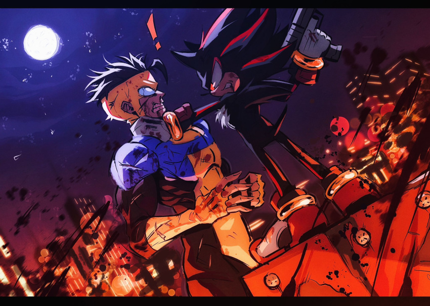 2024 anthro battle carrying_another city clothing crossover destruction duo eulipotyphlan eye_contact fire footwear full_moon gloves gun handgun handwear hedgehog hi_res hoodedmask human invincible_(tv_series) looking_at_another male mammal mark_grayson moon night ranged_weapon sega shadow_the_hedgehog sonic_the_hedgehog_(series) tuft weapon